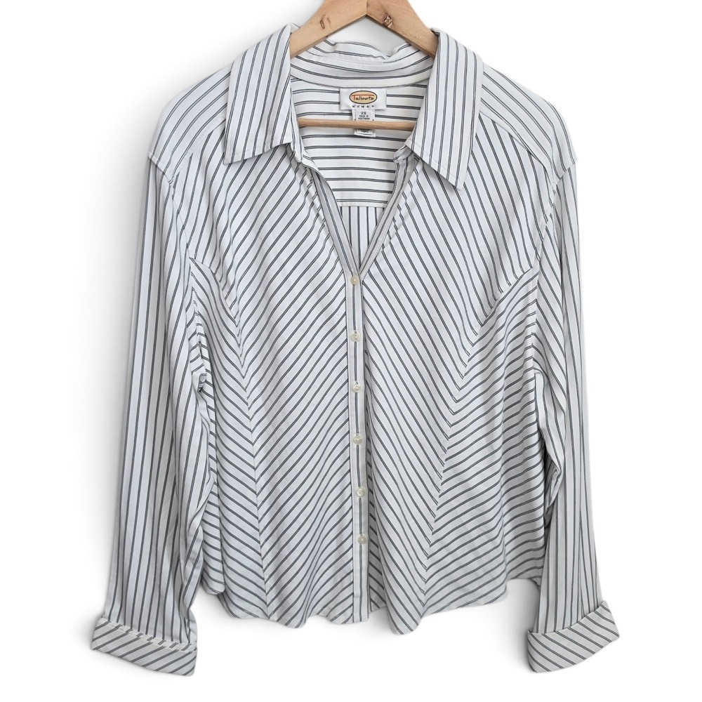 Talbots Woman Shirt Womens 2X White Black Striped Chevron Button Front Blouse
